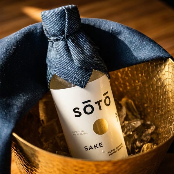 SOTO sake bottle nestled in a hammered gold ice bucket with a folded navy napkin on a warmly lit wooden table.