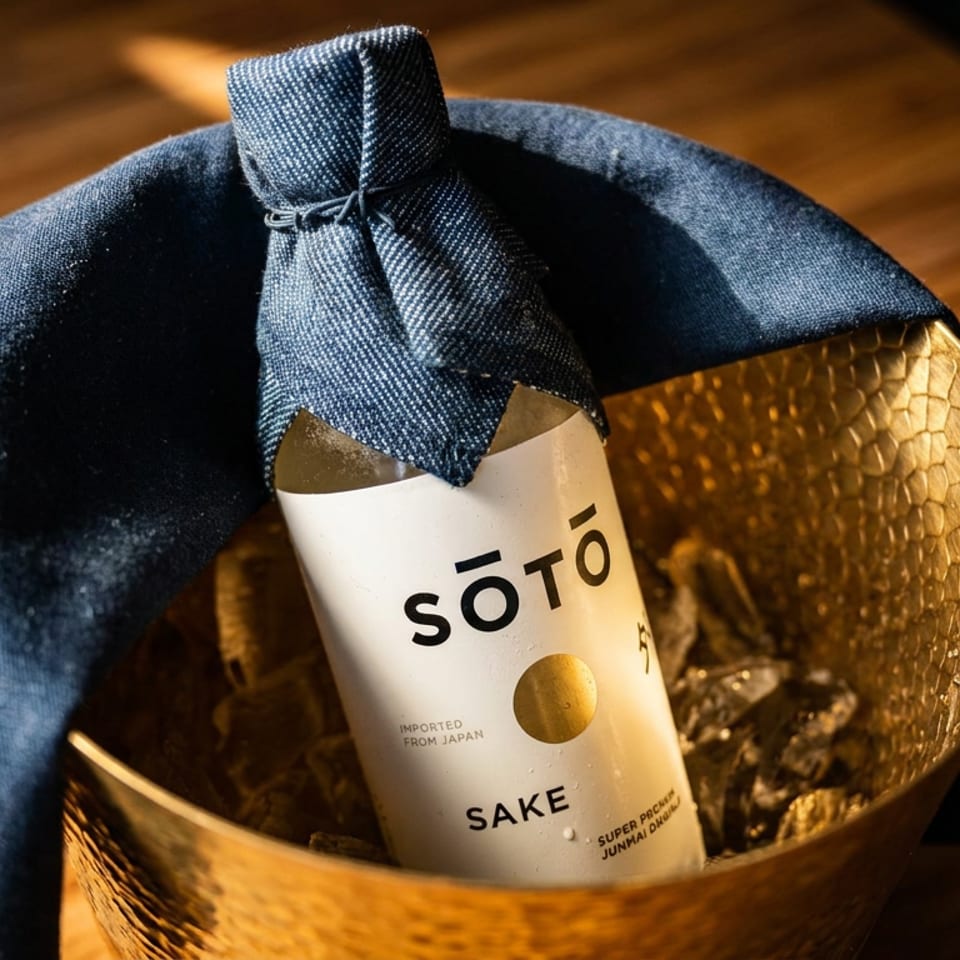 SOTO sake bottle nestled in a hammered gold ice bucket with a folded navy napkin on a warmly lit wooden table.