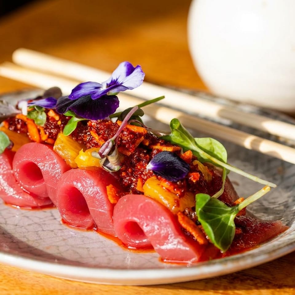 Colorful plated dish with pink pickled vegetables, roasted peppers, microgreens, and edible purple flowers on a ceramic plate.